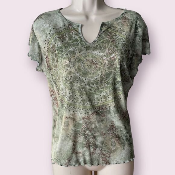 TeeCo Vintage Bohemian Green Blouse Size Large - Picture 4 of 4